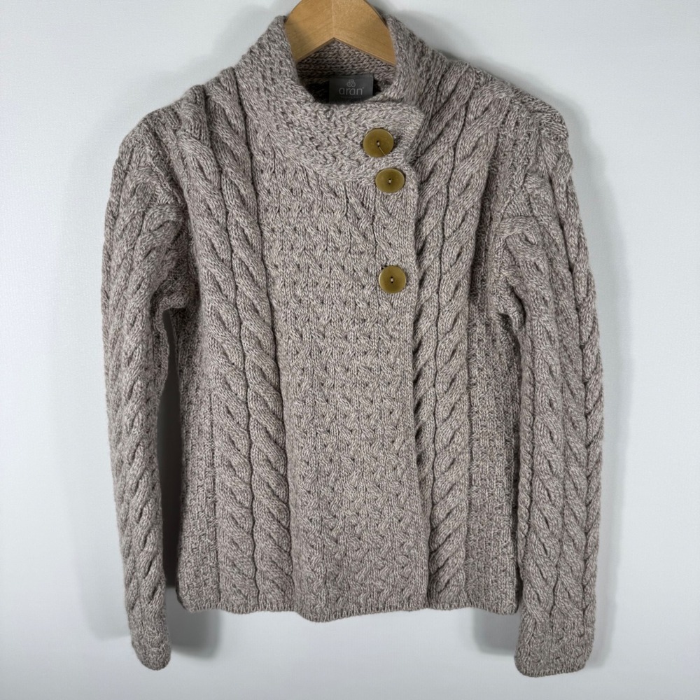 Aran Woollen Mills Merino Wool Cable Knit Cardigan Asymmetrical Button Sweater - Picture 4 of 6
